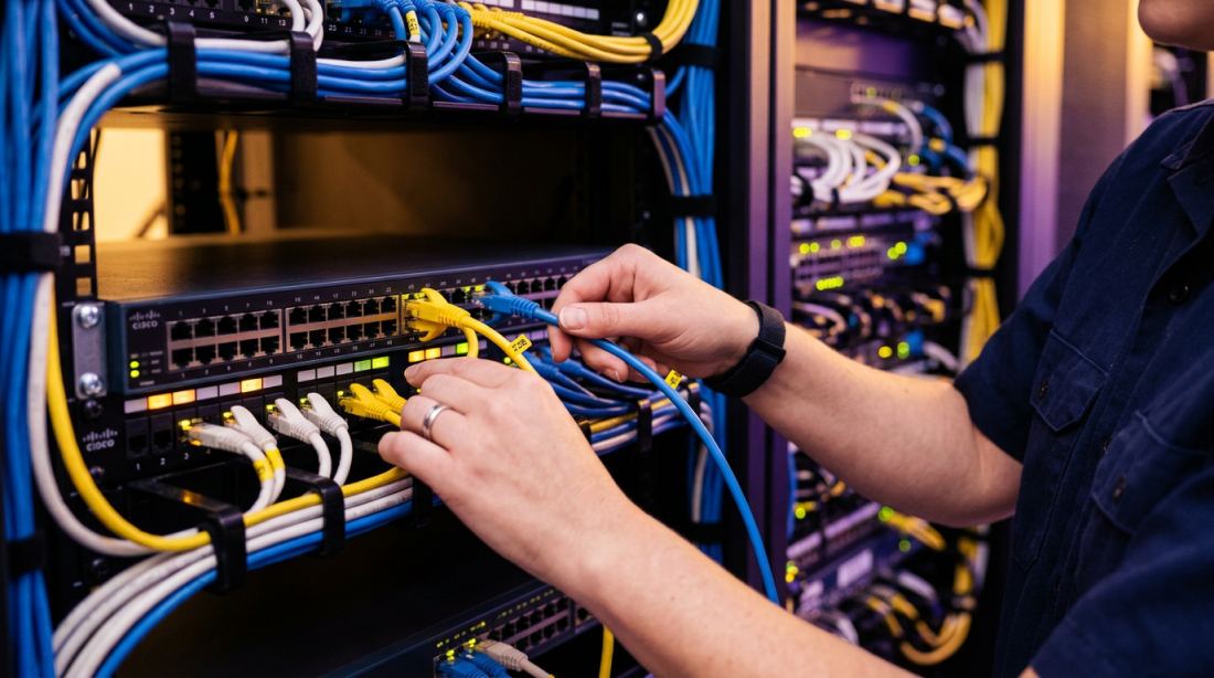 Technicien connectant des câbles réseau